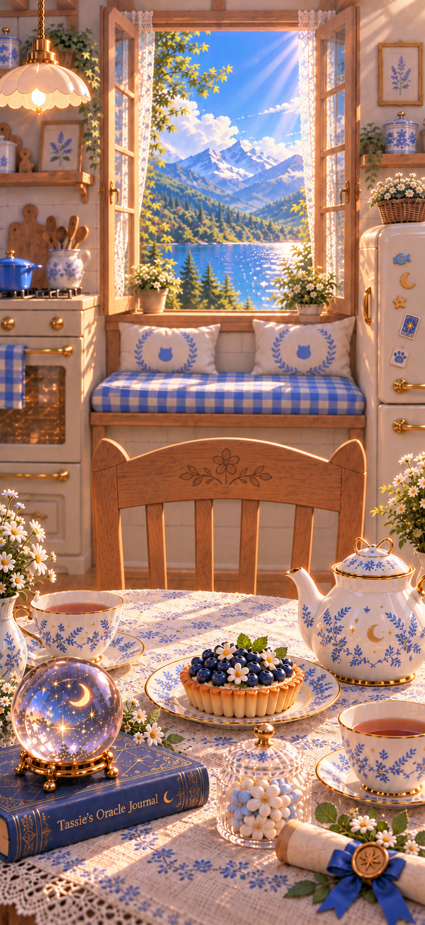 Concept art of a sunlit lakeside atelier with blue and white ceramics, warm wooden furniture, flowers, and tea
