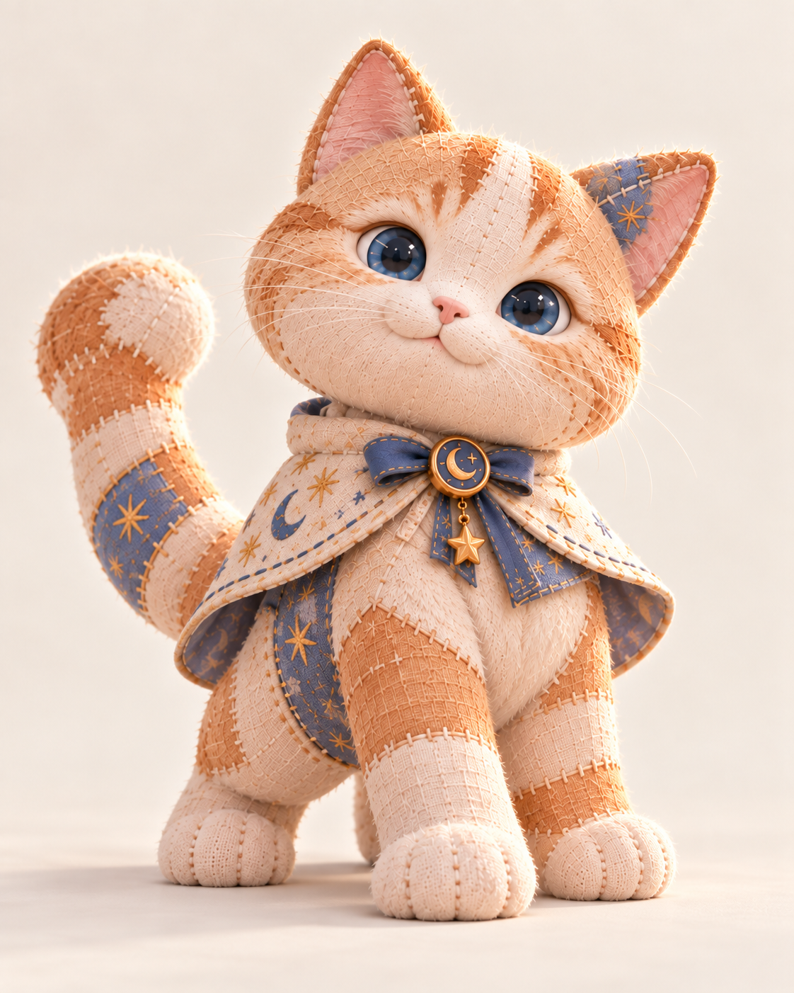 Tassie, a soft orange and cream patchwork cat with bright blue eyes, a blue star-patterned ear, and a little cape